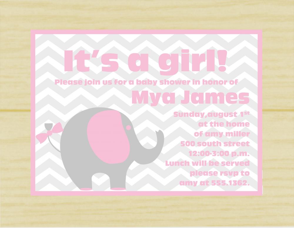 Pink And Gray Elephant Baby Shower Invite (set Of 10)